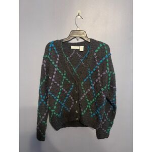 Vintage Liz Claiborne Collect ion Wool Blend Hand Knitted Cardigan SZ M Argyle